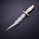 Damascus Steel Hunting Knife + Sheath // White Bone