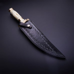 Damascus Steel Hunting Knife + Sheath // White Bone