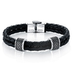 Double Row Steel + Leather Engraved Beaded Bracelet // Black