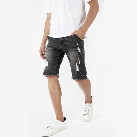 Distressed Stone Wash Denim Shorts // Black (XS)