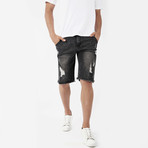 Distressed Stone Wash Denim Shorts // Black (L)