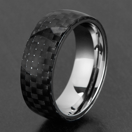 Glossy Crucible Stainless Steel + Carbon Fiber Overlay Domed Ring (Size 8)