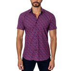 Woven Short Sleeve Button-Up // Red + Purple Dots (S)