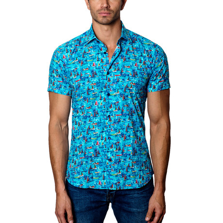 Woven Short Sleeve Button-Up // Turquoise Sails (XL)