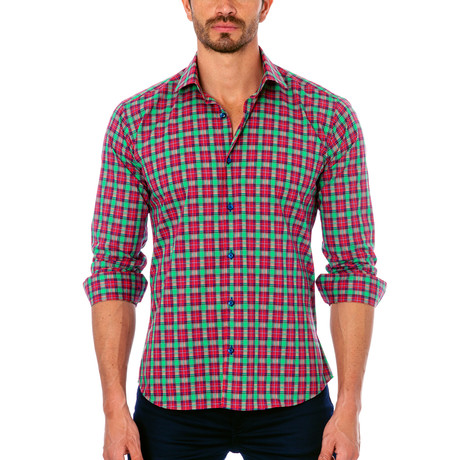 Plaid Button-Up Shirt // Green + Fuschia (S)