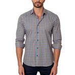 Small Plaid Button-Up Shirt // Blue + Orange (L)