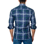 Plaid Long-Sleeve Button-Up // Blue + White + Green (M)