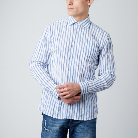 Long-Sleeve Pinstripe Button-Up // White + Blue (S)