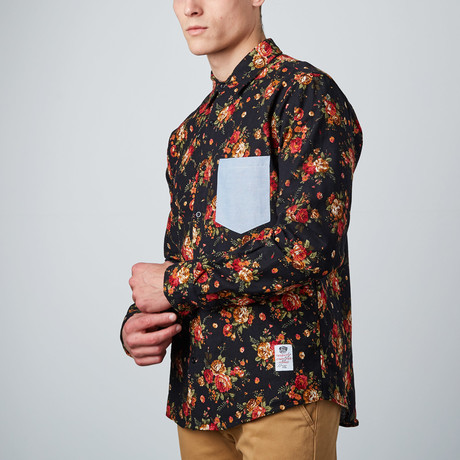 Contrast Pocket Floral Button-Up Shirt // Black (S)