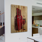 Three Red Bottles // Natural Pine Wood (24"W x 36"H x 1.5"D)