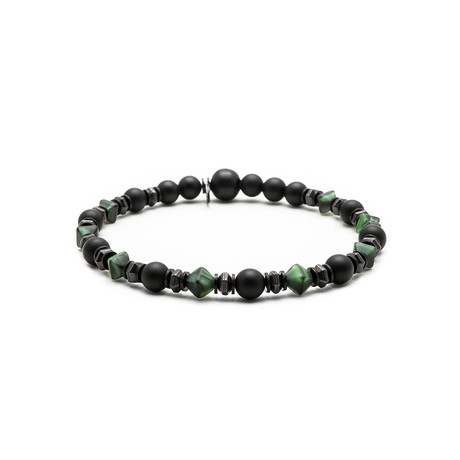 Czech Glass Bead Bracelet // Black Onyx + Green Sequence (Small)