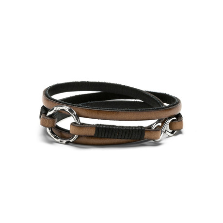 Sterling Circle Charm Leather Wrap Bracelet (Small)