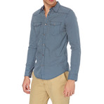 Grid Print Patch Pocket Button-Up // Blue (S)