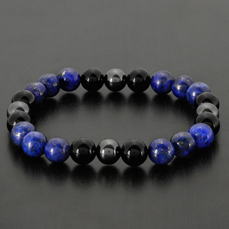 Tri-Color Lapis Lazuli + Onyx + Hematite Beaded Bracelet // Blue + Black + Grey