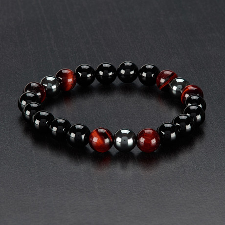 Red Tiger Eye + Onyx + Hematite Polished Beaded Bracelet // Red + Black + Grey