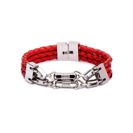 Braided Leather With Chain Bracelet // Red