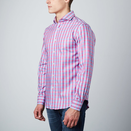 Cutaway Collar Button-Up Shirt // Pink + Light Blue + Fuchsia (S)