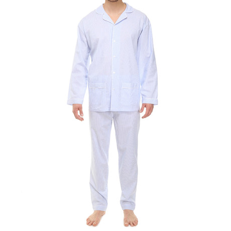 Antonio Button-Up Pajama Set // White + Light Blue Stripe (S)