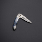 Damascus Blue Bone Folding Pocket Hunter