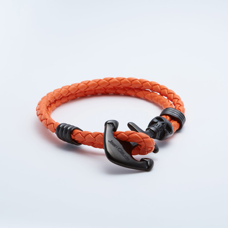 Leather + Black Stainless Steel Skull Anchor Bracelet // Orange