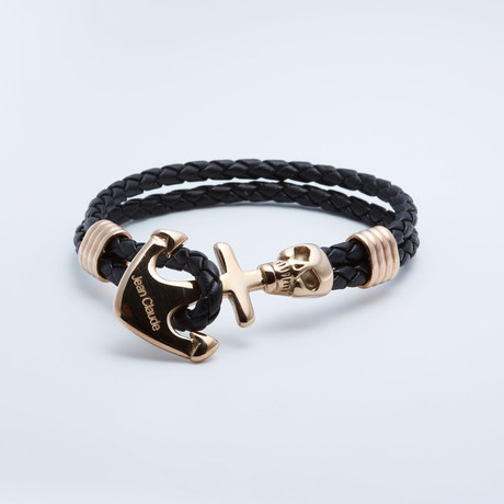 Jean Claude Jewelry // Leather + Gold Plated Skull Anchor Bracelet // Black + Gold