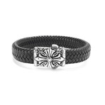 Sterling Silver Cross Braided Leather Bracelet // Silver + Black