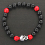 Polished Skull Beaded Stretch Bracelet // Red + Black + Silver