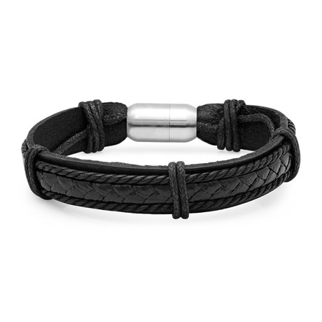 Genuine Black Leather Bracelet Stainless Steel w/ Magnetic Clasp