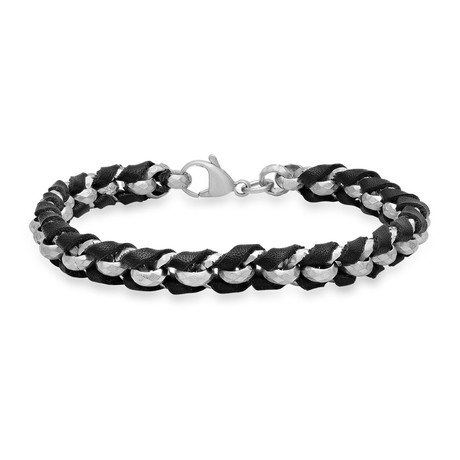 Stainless Steel Braided Leather Bracelet // Black + Silver