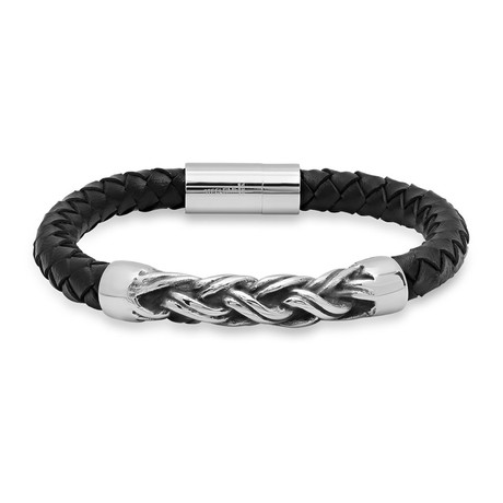 Rope Accented Leather Bracelet // Black + Silver