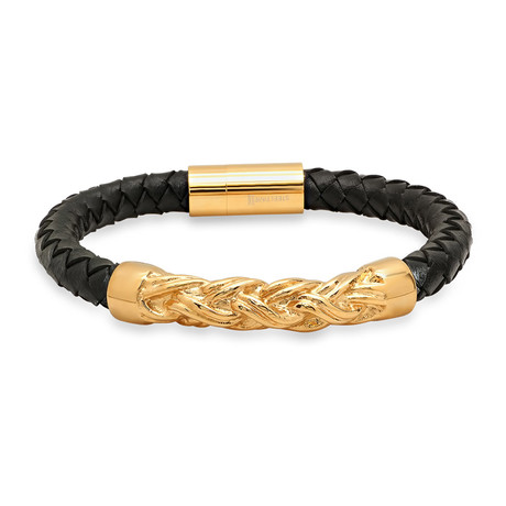 Rope Accented Leather Bracelet // Black + Gold