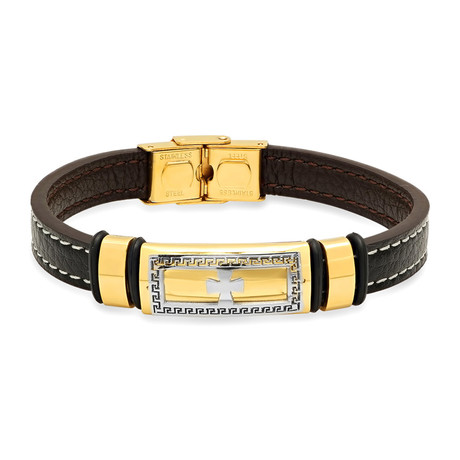 Greek Key Leather Bracelet // Brown + Gold