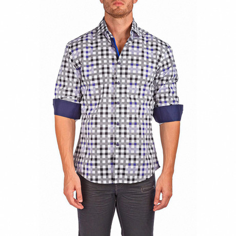 Spotted Check Long-Sleeve Button-Up Shirt // White + Navy (XS)
