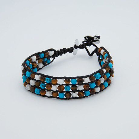 Triple Row Beaded Leather Bracelet // Light Blue + Brown + White