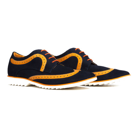 Mixed Texture Colorblocked Wingtip Derby // Navy Blue + Orange (Euro: 40)