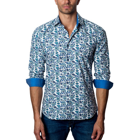 Floral Woven Button-Up // White + Blue (S)