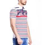 Floral Striped Polo Shirt // White + Red + Blue (M)
