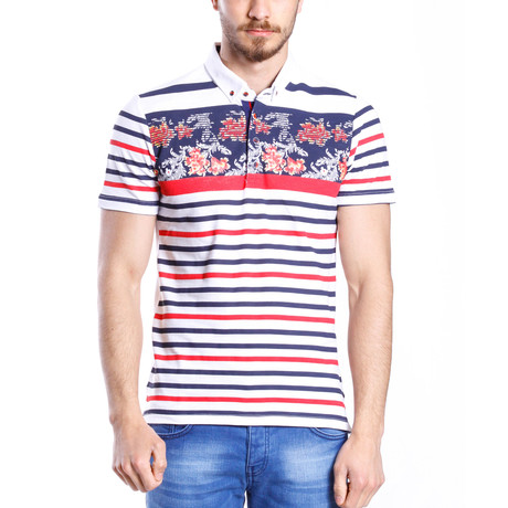 Floral Striped Polo Shirt // White + Red + Blue (S)