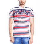 Floral Striped Polo Shirt // White + Red + Blue (2XL)