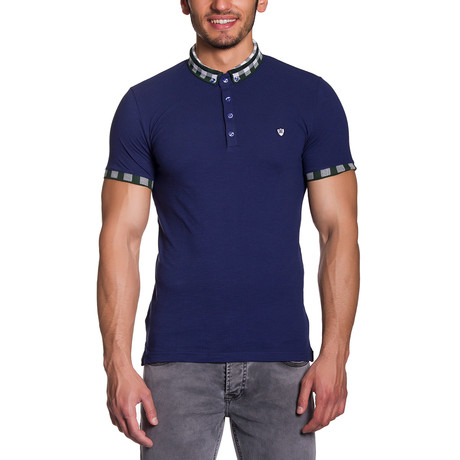 Plaid Collar Polo Shirt // Navy (S)
