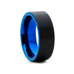 8mm Pipe Cut Brushed Tungsten Ring // Blue + Black (Size 8)
