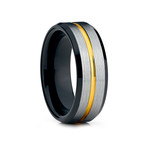 8mm Grooved Tungsten Ring // Black + Silver + Gold (Size 8)