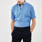 Ribbon Trimmed Placket Slim Fit Chambray Shirt // Blue + Burgundy (XL)