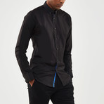 Ribbon Trimmed Placket Slim Fit Poplin Shirt // Black + Blue (L)