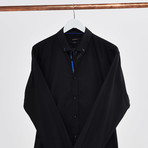 Ribbon Trimmed Placket Slim Fit Poplin Shirt // Black + Blue (M)
