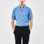 Ribbon Trimmed Placket Slim Fit Chambray Shirt // Blue + Burgundy (S)
