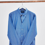 Ribbon Trimmed Placket Slim Fit Chambray Shirt // Blue + Burgundy (S)