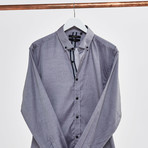 Ribbon Trimmed Placket Slim Fit Chambray Shirt // Gray + Black (M)