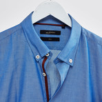 Ribbon Trimmed Placket Slim Fit Chambray Shirt // Blue + Burgundy (L)