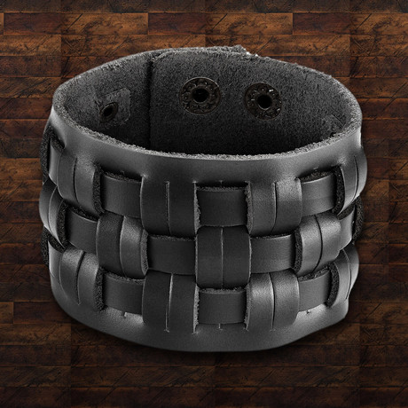 Leather Basket Weave Cuff Bracelet // Black